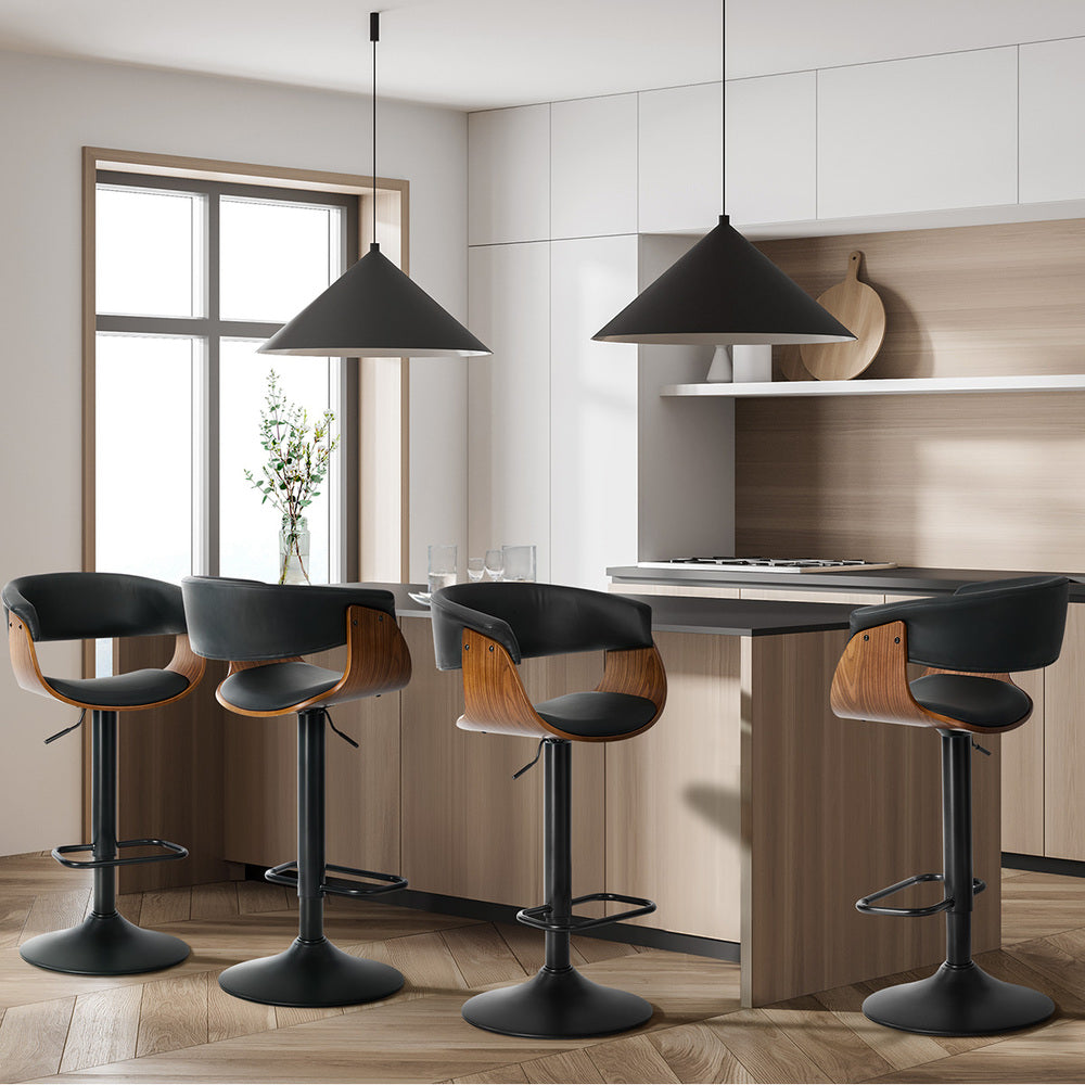 4x Bar Stools Gas Lift Armrest Leather Black - 4