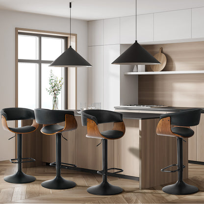 4x Bar Stools Gas Lift Armrest Leather Black - 4