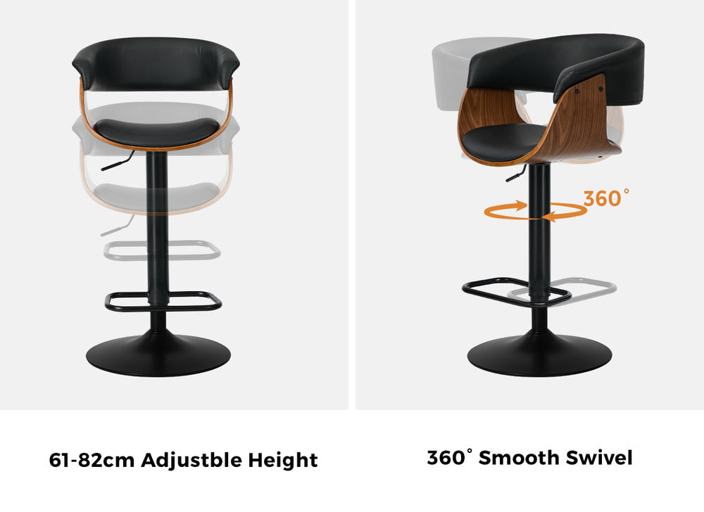 4x Bar Stools Gas Lift Armrest Leather Black - 6