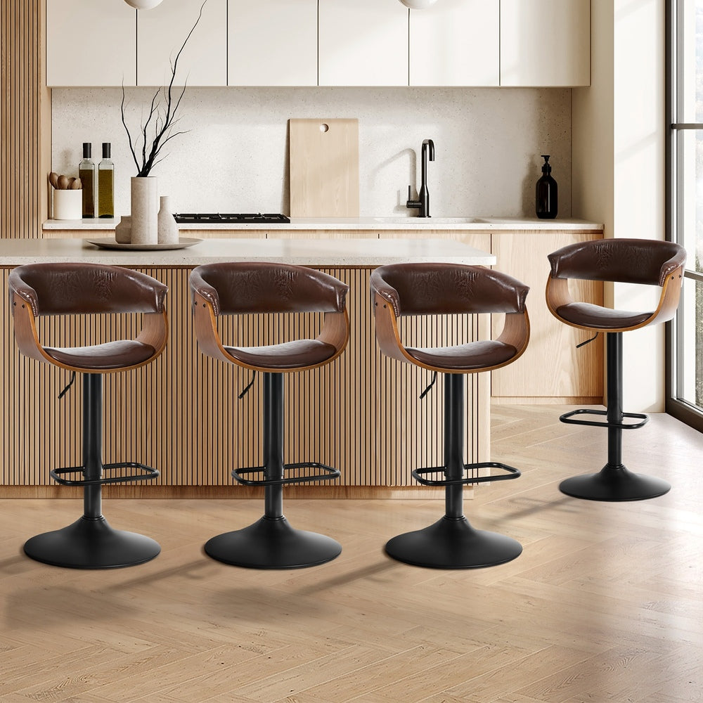 4x Bar Stools Gas Lift Armrest Leather Brown