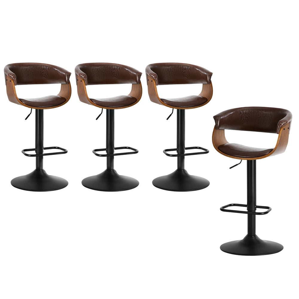 4x Bar Stools Gas Lift Armrest Leather Brown - 2