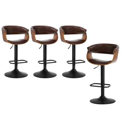 4x Bar Stools Gas Lift Armrest Leather Brown - 2