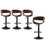 4x Bar Stools Gas Lift Armrest Leather Brown
