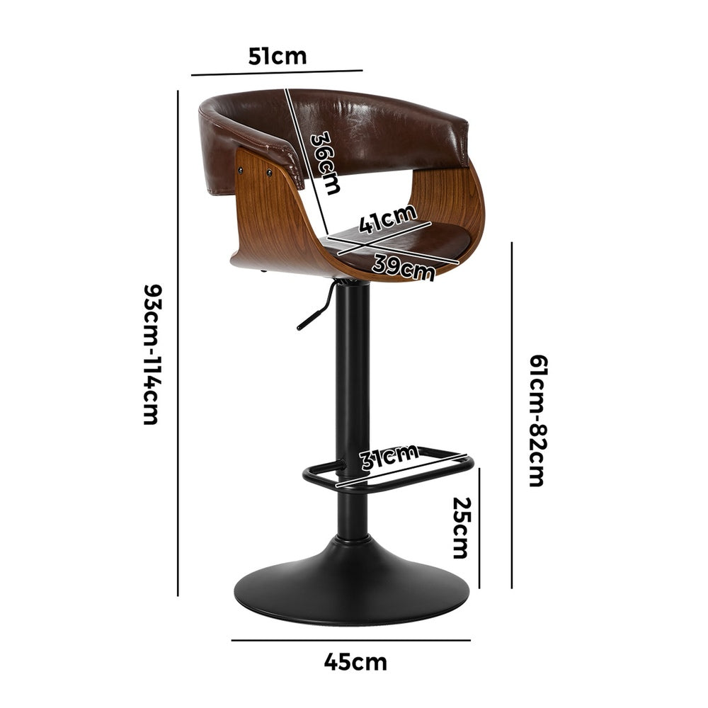 4x Bar Stools Gas Lift Armrest Leather Brown - 4