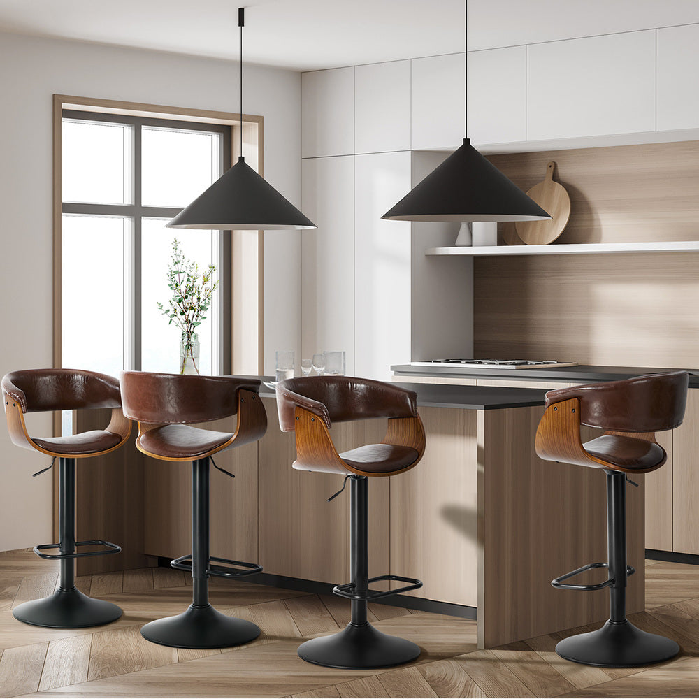 4x Bar Stools Gas Lift Armrest Leather Brown - 6