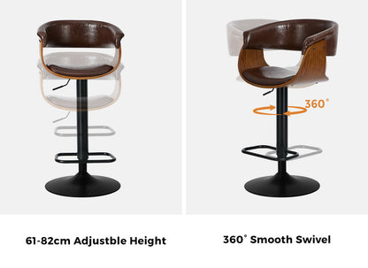 4x Bar Stools Gas Lift Armrest Leather Brown - 3
