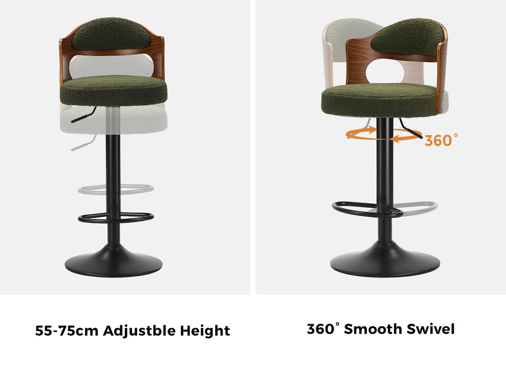 Bar Stool Adjustable Height Gas Lift Kitchen Chair Green Boucle Upholstered