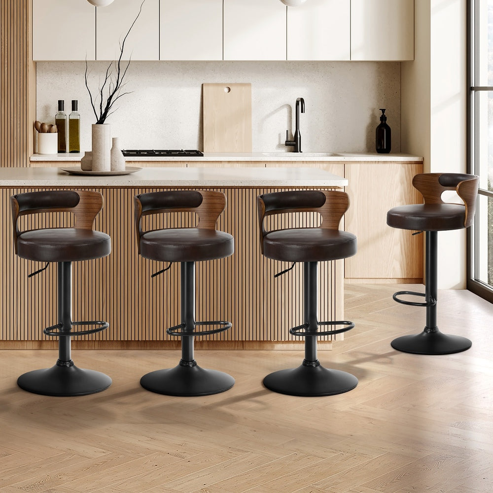 4x Bar Stools Gas Lift Swivel Chairs Wooden Leather Brown
