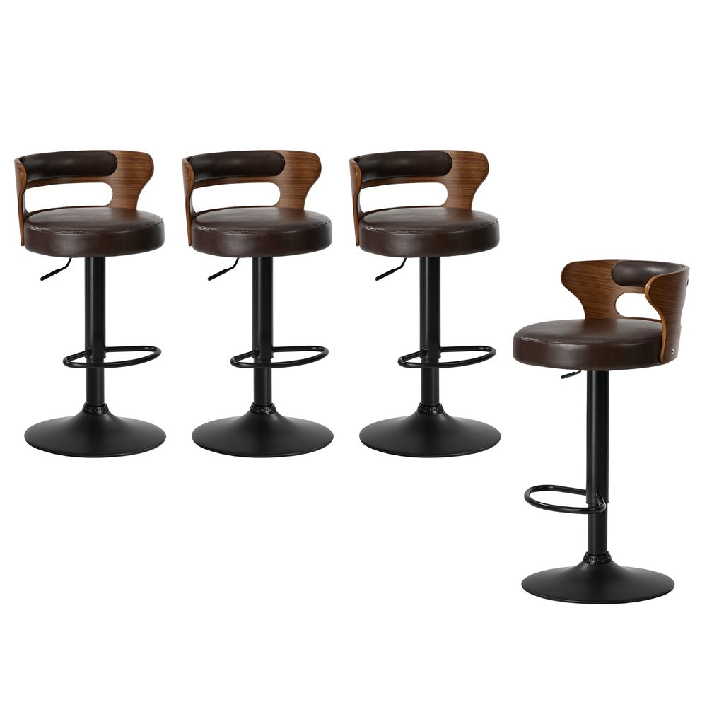4x Bar Stools Gas Lift Swivel Chairs Wooden Leather Brown - 2