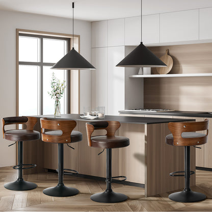 4x Bar Stools Gas Lift Swivel Chairs Wooden Leather Brown - 4