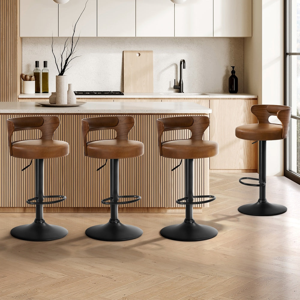 4x Bar Stools Gas Lift Swivel Chairs Wooden Leather Camel