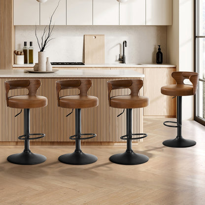 4x Bar Stools Gas Lift Swivel Chairs Wooden Leather Camel