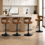 4x Bar Stools Gas Lift Swivel Chairs Wooden Leather Camel