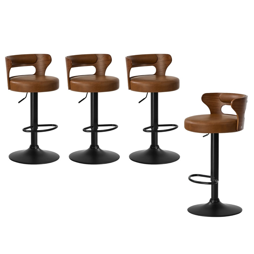 4x Bar Stools Gas Lift Swivel Chairs Wooden Leather Camel - 2