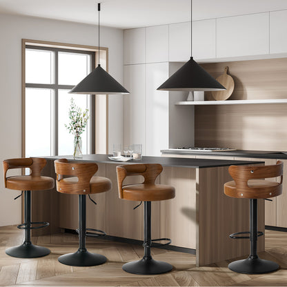 4x Bar Stools Gas Lift Swivel Chairs Wooden Leather Camel - 7
