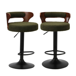 2x Bar Stools Gas Lift Swivel Chairs Wooden Boucle Green
