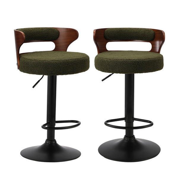  2x Bar Stools Gas Lift Swivel Chairs Wooden Boucle Green