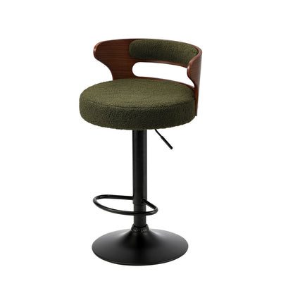 2x Bar Stools Gas Lift Swivel Chairs Wooden Boucle Green