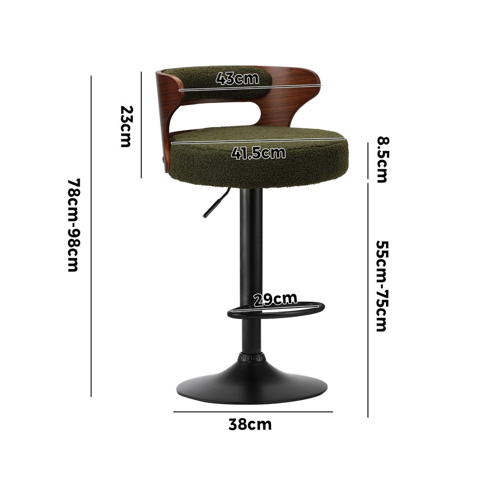 2x Bar Stools Gas Lift Swivel Chairs Wooden Boucle Green