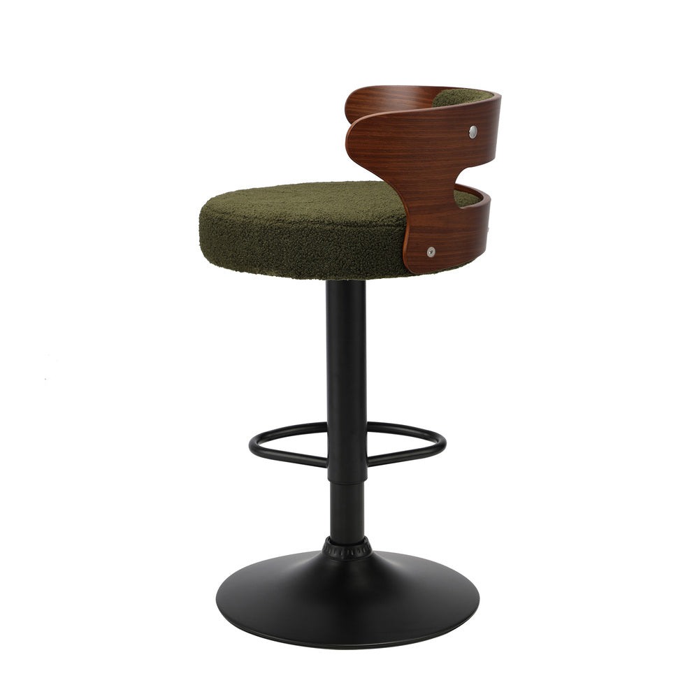 2x Bar Stools Gas Lift Swivel Chairs Wooden Boucle Green
