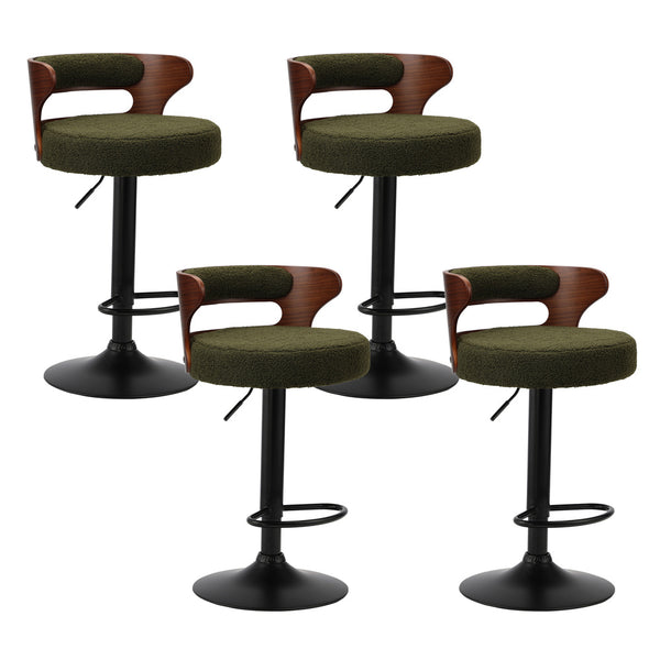  4x Bar Stools Gas Lift Swivel Chairs Wooden Boucle Green