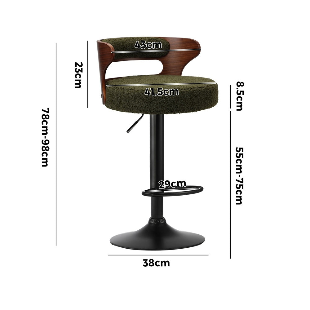 4x Bar Stools Gas Lift Swivel Chairs Wooden Boucle Green