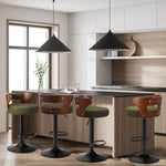 4x Bar Stools Gas Lift Swivel Chairs Wooden Boucle Green
