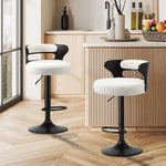 2x Bar Stools Gas Lift Swivel Chairs Wooden Boucle White