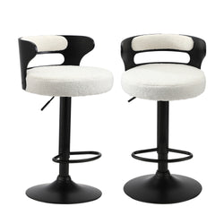 2x Bar Stools Gas Lift Swivel Chairs Wooden Boucle White