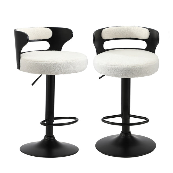  2x Bar Stools Gas Lift Swivel Chairs Wooden Boucle White