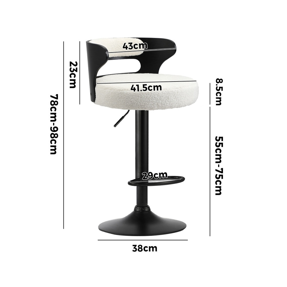 2x Bar Stools Gas Lift Swivel Chairs Wooden Boucle White