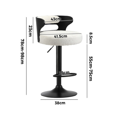 2x Bar Stools Gas Lift Swivel Chairs Wooden Boucle White