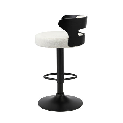 2x Bar Stools Gas Lift Swivel Chairs Wooden Boucle White