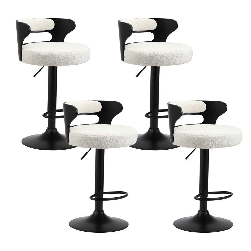 4x Bar Stools Gas Lift Swivel Wooden Chairs with White Boucle Seats