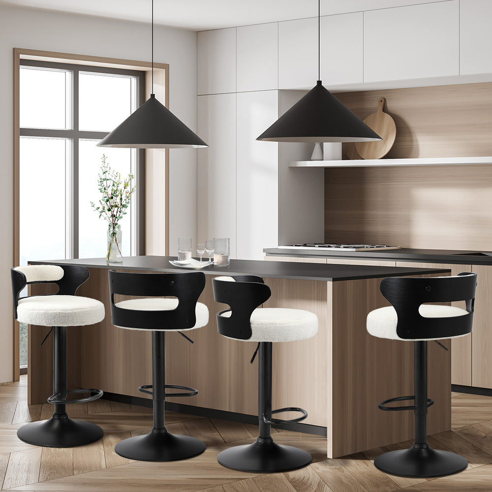 4x Bar Stools Gas Lift Swivel Wooden Chairs with White Boucle Seats