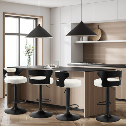 4x Bar Stools Gas Lift Swivel Wooden Chairs with White Boucle Seats