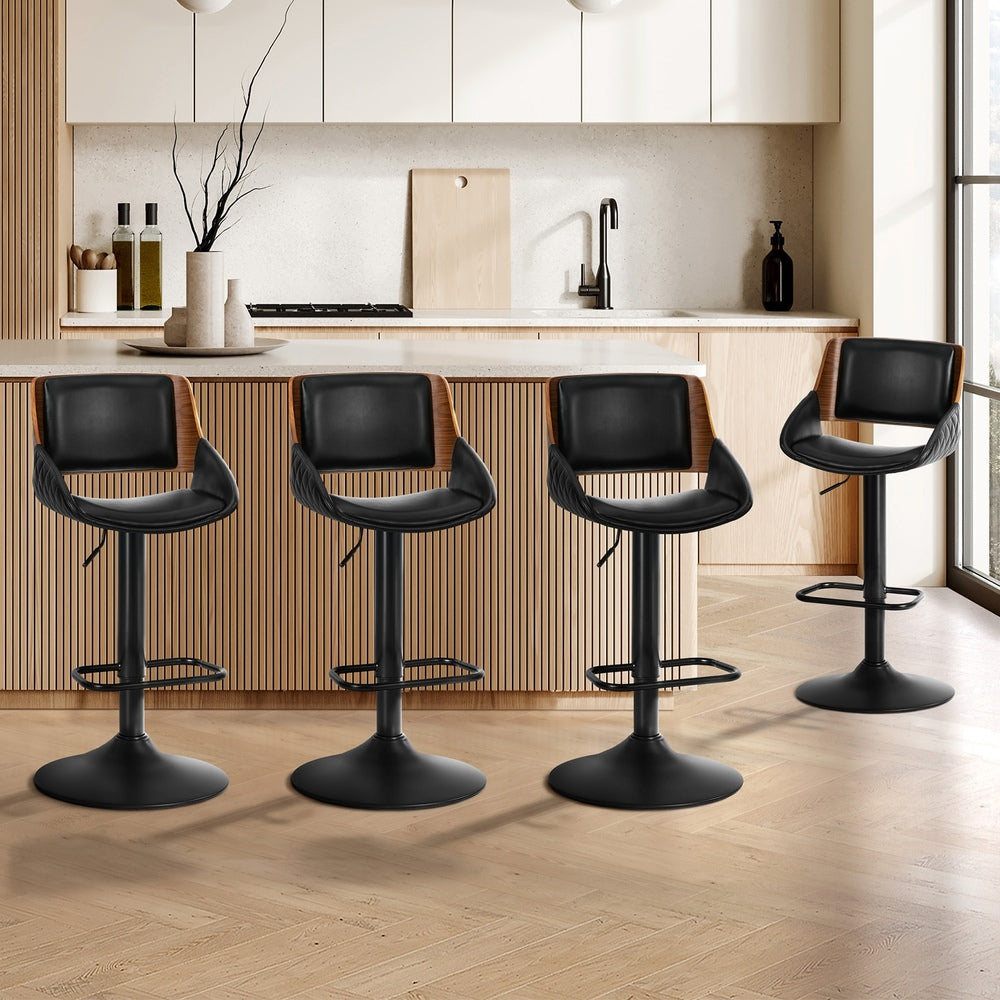 4x Bar Stools Swivel Gas Lift Stool Leather Black