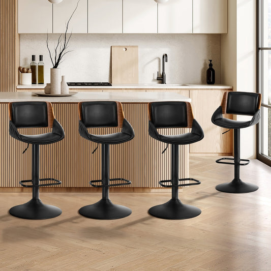 4x Bar Stools Swivel Gas Lift Stool Leather Black