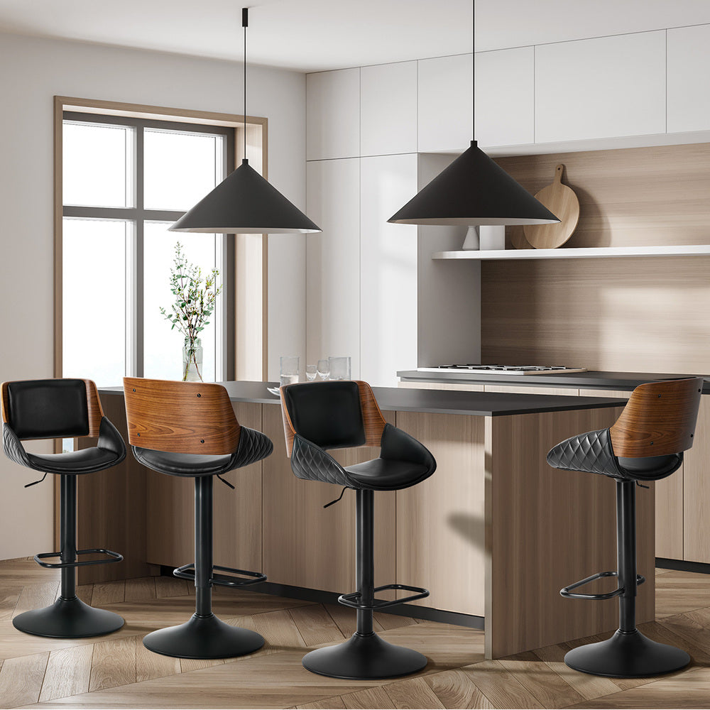 4x Bar Stools Swivel Gas Lift Stool Leather Black - 5