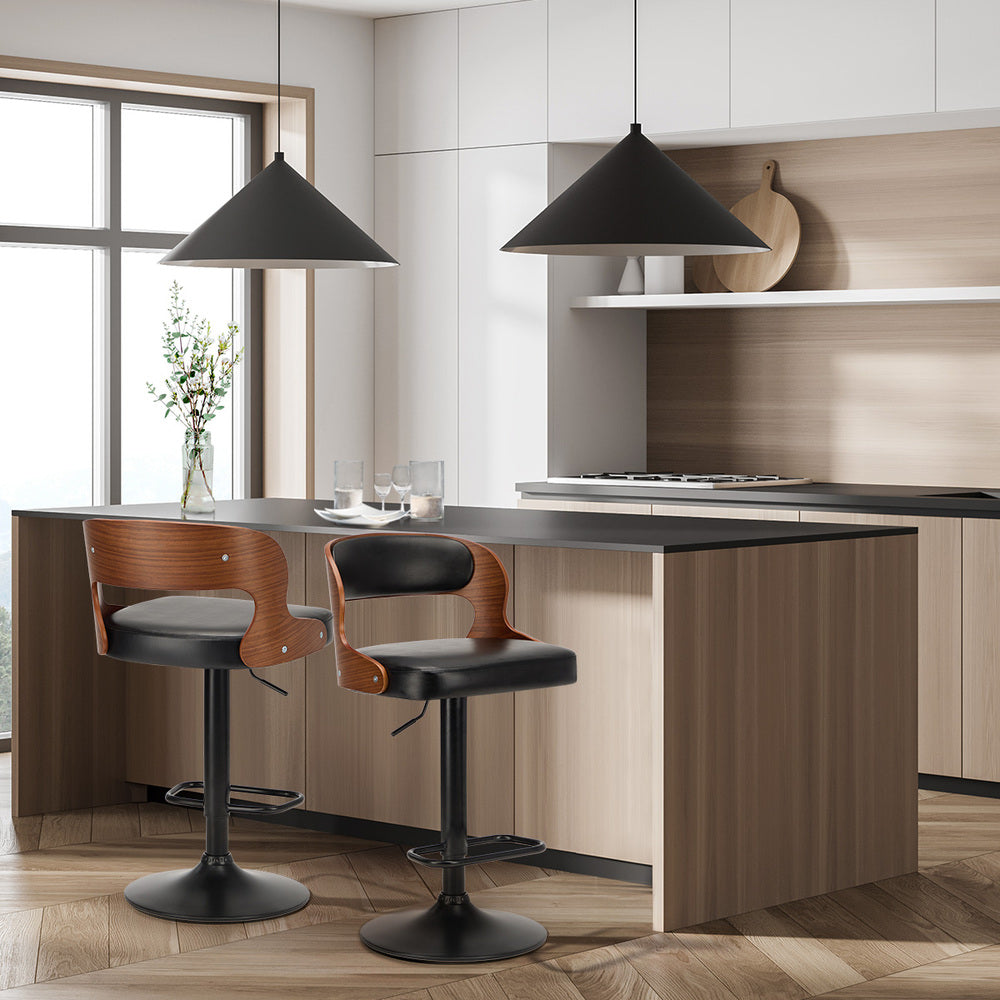2x Bar Stools PU Leather Swivel Adjustable Kitchen Chairs Wooden Frame
