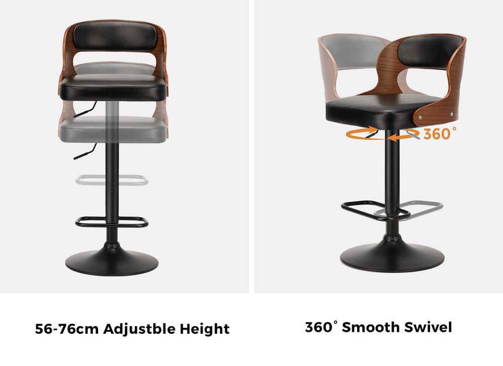 2x Bar Stools PU Leather Swivel Adjustable Kitchen Chairs Wooden Frame
