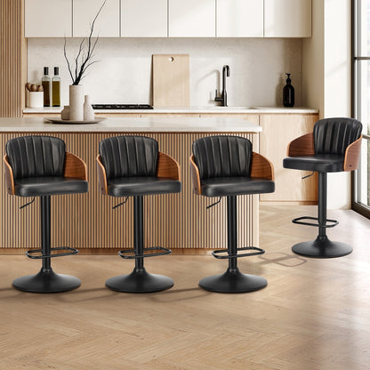 Set of 4 Swivel Bar Stools Gas Lift Adjustable PU Leather Chairs Black