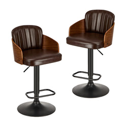 Set of 2 Bar Stool Adjustable Height Swivel Leather Bar Chair Brown Kitchen Counter