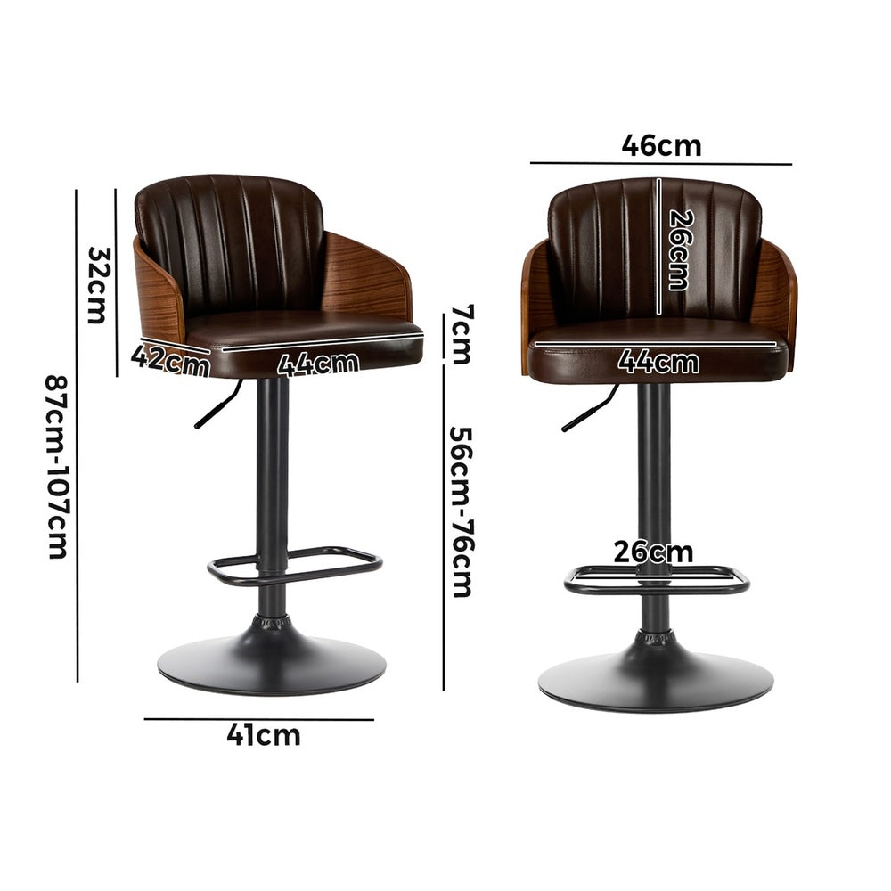 Set of 2 Bar Stool Adjustable Height Swivel Leather Bar Chair Brown Kitchen Counter