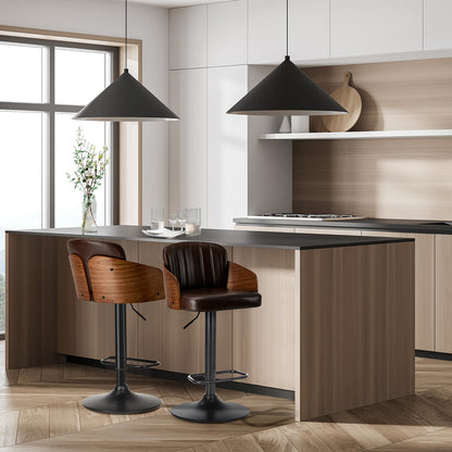 Set of 2 Bar Stool Adjustable Height Swivel Leather Bar Chair Brown Kitchen Counter