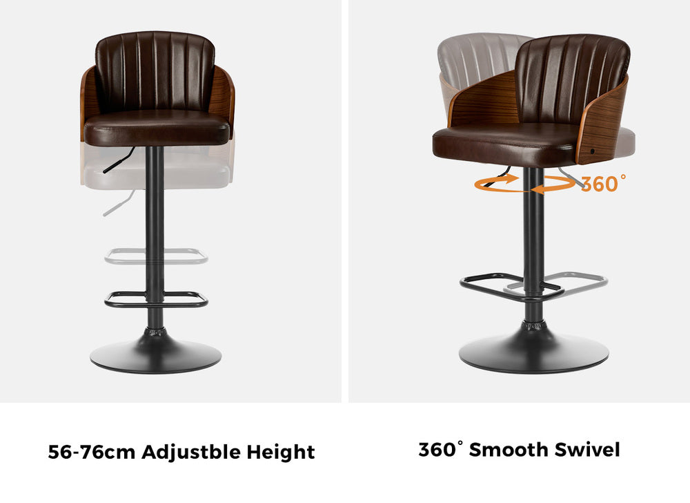 Set of 2 Bar Stool Adjustable Height Swivel Leather Bar Chair Brown Kitchen Counter