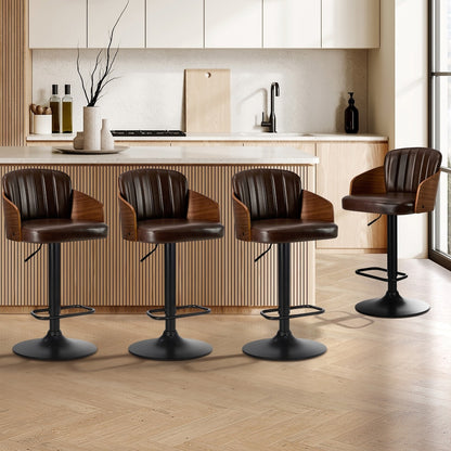 4x Bar Stool Adjustable Height Swivel Leather Bar Chair Brown Kitchen Seating