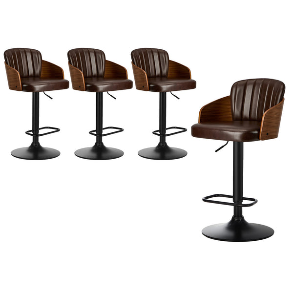  4x Bar Stool Adjustable Height Swivel Leather Bar Chair Brown Kitchen Seating
