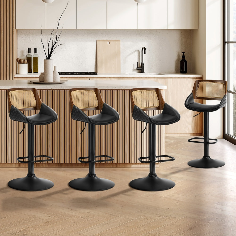 4x Bar Stools Gas Lift Stool Rattan Leather Black