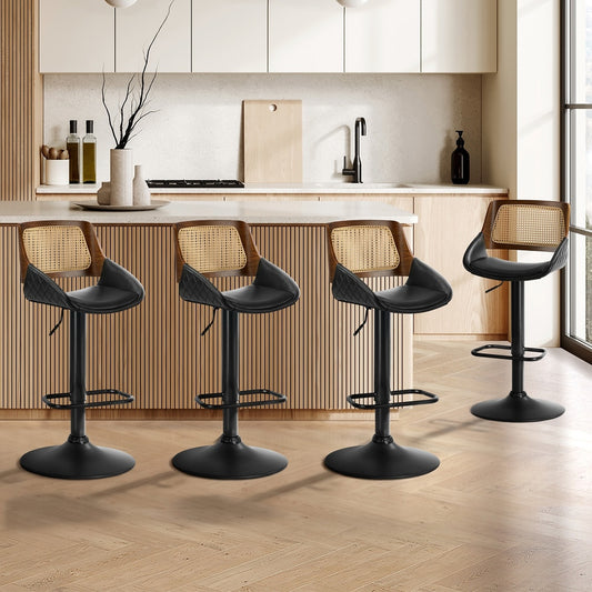 4x Bar Stools Gas Lift Stool Rattan Leather Black